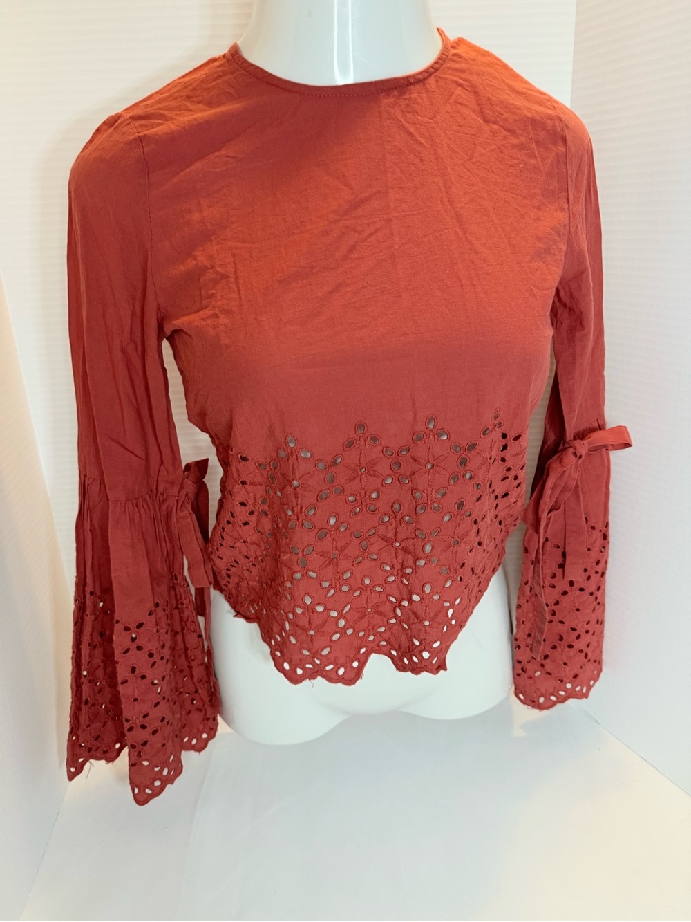 Women’s Rust Eyelet Bell Sleeve Top 100% Cotton